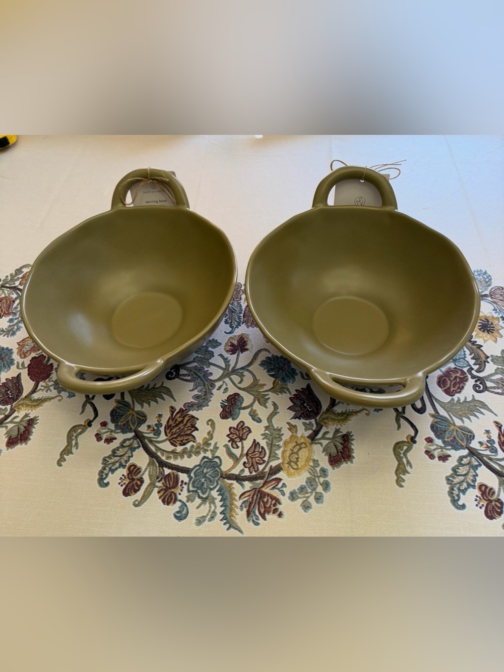 Olive Green ceramic Serving Bowls with Dual Handles - Set of 2